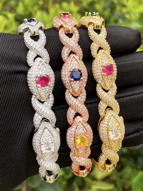 DUBSS 1 pieza Brazalete con ojo engarzado de color con eslabón infinito plateado para hombres, joyería de estilo hip hop
