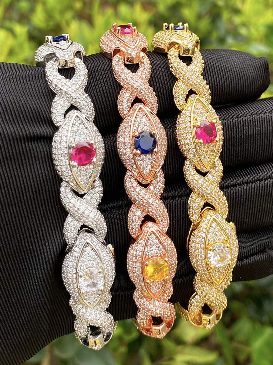 DUBSS 1 pieza Brazalete con ojo engarzado de color con eslabón infinito plateado para hombres, joyería de estilo hip hop