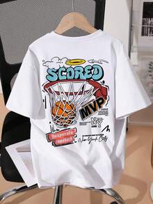 1 件白色休闲篮球印花短袖 T 恤，适合夏季青少年男孩和年轻学生