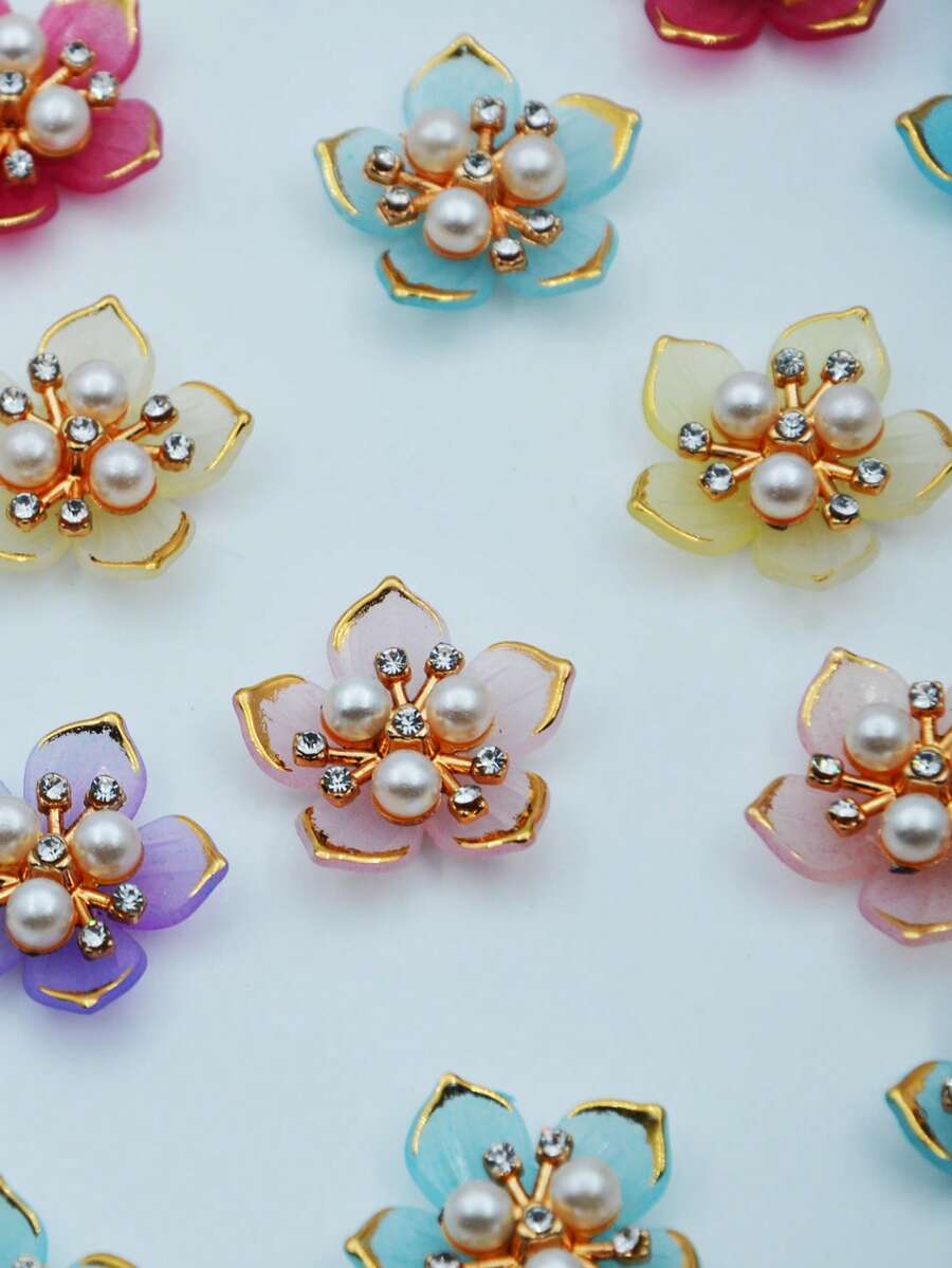 10/30pcs 25mm Gold-Rimmed Rhinestone 5-Petal Flowers For DIY Jewelry, Shoes, Clothing, Bags, Crafts, Gifts - Color Mixing - View 1