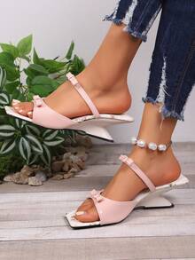 Sandalias planas elegantes y bohemias con decoración de lazo francés de un solo color, nuevas sandalias de verano con puntera abierta y tacones altos preciosos para vestidos - rosa - Ver 8
