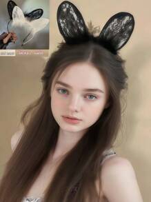 1/2 Pieces Elegant Women's Cat Ear Headband With Lace & Fluffy Feathers - Non-Stretch Polyester Hair Accessories For Cosplay, Costume Parties, Outdoor Events | Fashion Hair Bands For Women (Black/White) Halloween