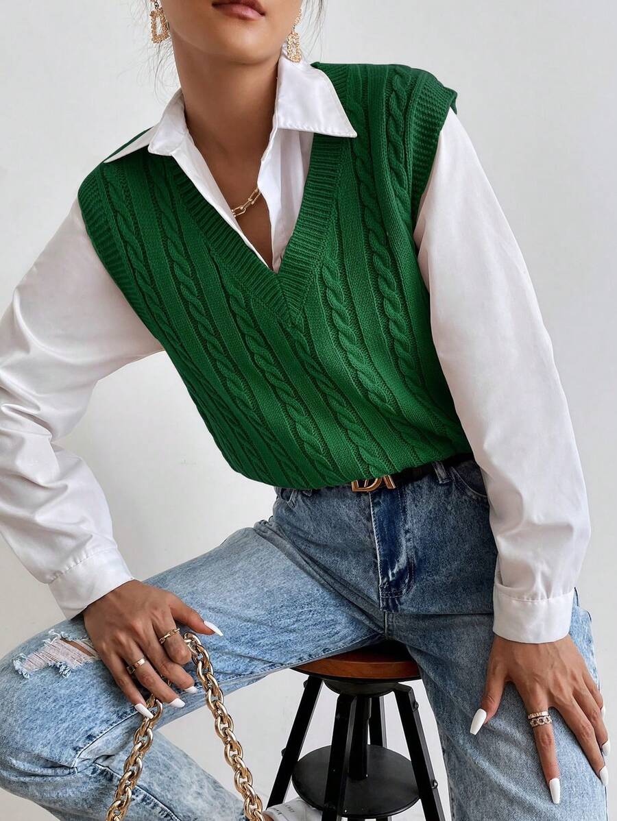 Women's Winter Fashion Knitted Pullover Vest - Dark Green - View 1