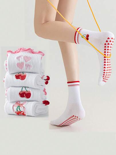 1 para skarpetek do jogi dla kobiet z kreskówkową grafiką, białe, antypoślizgowe skarpetki z wzorem wiśniowym/kokardką do pilatesu, fitnessu i ćwiczeń