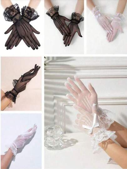1 件女士蕾丝手套优雅短款蕾丝手套茶会手套女士婚礼晚宴
