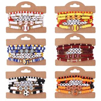 6pcs/Set Sports Themed Bracelet Set - Football, Baseball, Softball, Basketball, Soccer, Volleyball, Great Gift For Sports Lovers