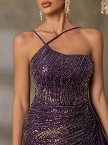 Faeriesty 奢华紫色串珠不对称晚礼服 - 优雅舞会礼服，带有垂坠侧边细节，高开叉鱼尾，适合正式活动 - 紫色 - 查看 7