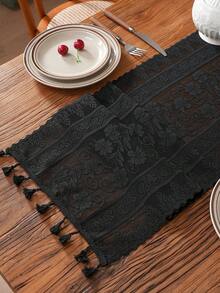 1 pieza Camino de mesa con borlas de campanilla, elegante camino de mesa estilo granja con flecos, adecuado para fiesta de cumpleaños, boda, decoración del hogar, sala de estar, comedor, cocina, dormitorio