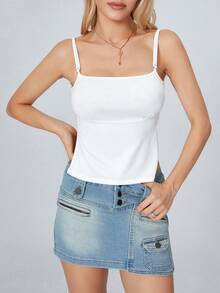 Womens Summer Mini Skinny Sling Vest Solid Color Sleeveless Backless Tie Up Crop Tops Spaghetti Strap Camisoles - trắng - Xem 3