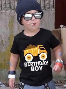 Kids Birthday Boy T-Shirt, Crew Neck, Big Truck Print, Cotton, Slight Stretch, Regular Fit, Spring/Summer Knit Fabric Top, 180g/M2, Party Wear For Children - 黑色 - 查看 1