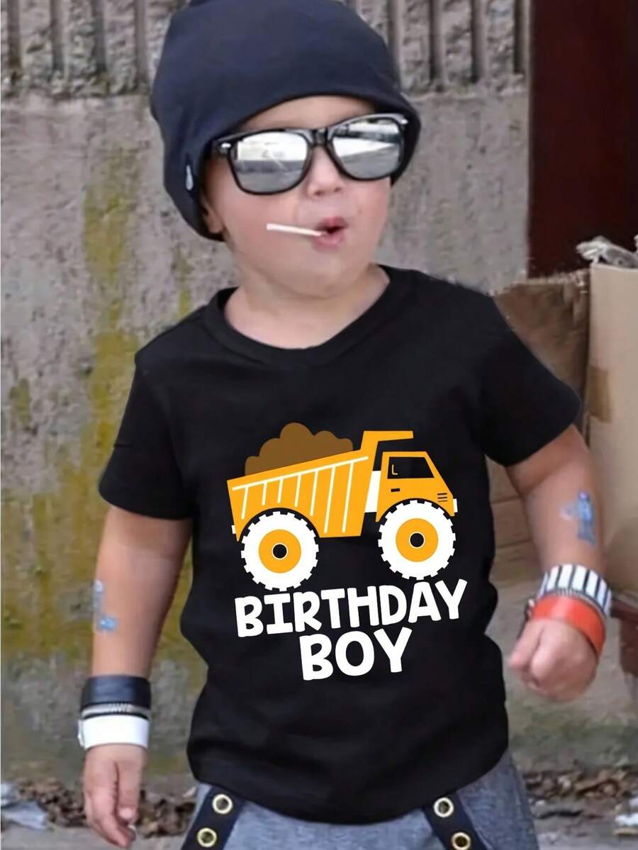 Kids Birthday Boy T-Shirt, Crew Neck, Big Truck Print, Cotton, Slight Stretch, Regular Fit, Spring/Summer Knit Fabric Top, 180g/M2, Party Wear For Children - 黑色 - 查看 1