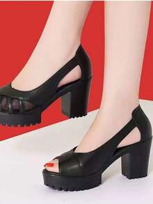 女士真皮中跟粗跟露趾凉鞋，2025夏季新款网眼镂空软底舒适妈妈时尚凉鞋 - 網紗涼鞋 - 查看 3