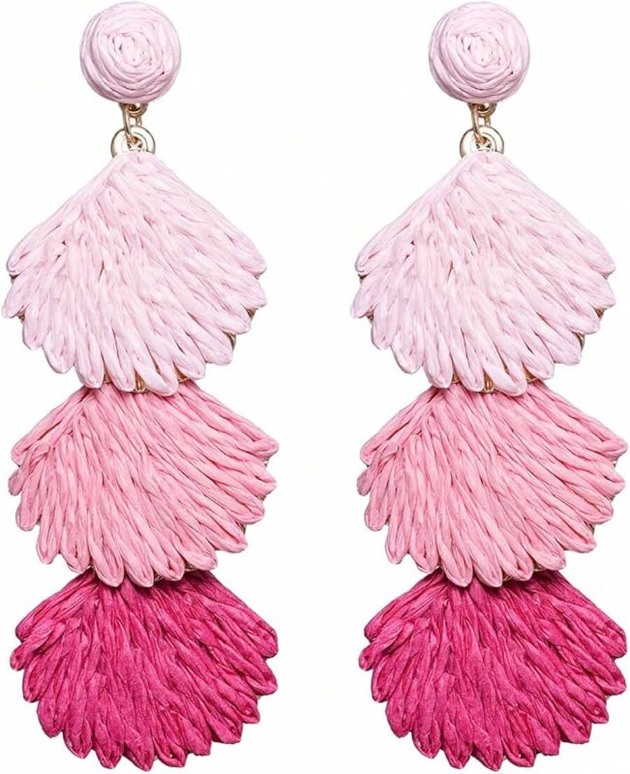 Raffia Dangle Earrings Women - Boho Statement Rattan Drop Jewelry With Design, Lightweight Summer Beach Accessories - Pink Ombre - View 1
