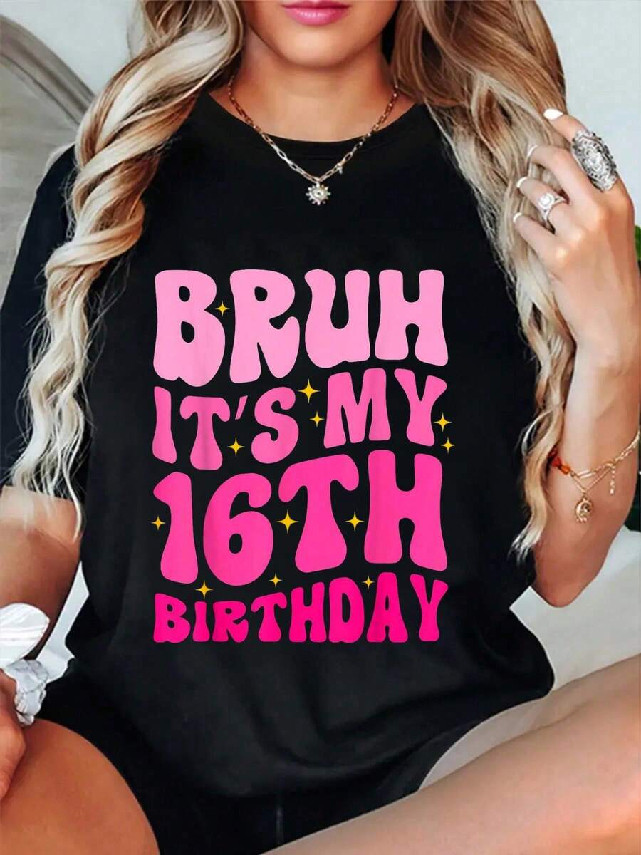 100% Cotton Bruh It's My 16th Birthday 16 Year Old 16yr Cute Groovy Pink T-Shirt Women's Men's Oversized Comfort Soft Crew Neck Tee Tops - màu đen - Xem 1