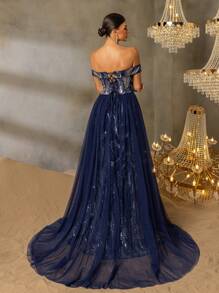 Women's One-Shoulder Sequin-Embellished Evening Gown With Back Tie-Up Closure & Sheer Organza Draping – Elegant Mermaid Silhouette Formal Dress For Gala Dinners, Red Carpet Events, Luxury Weddings, Opera Performances, And Black-Tie Ceremonies