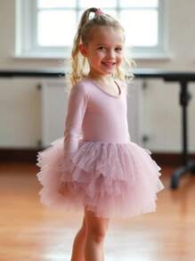 Shiny Long Sleeve Tulle Ballet Skirt For Girls, Solid Powder Pink Color, Children Dance Sportswear