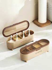1 pieza Caja de almacenamiento de especias de cocina, estuche de condimentos de 4 rejillas de gran capacidad con tapa antipolvo y cuchara, juego de frascos de condimentos a prueba de humedad, contenedor de almacenamiento de especias, sal y azúcar, accesorios de cocina, adecuado para almacenamiento de especias de cocina, decoración de cocina - Multicolor - Ver 4