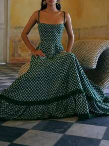 Boho Beach Vintage Plaid A-Line Dress Checkerboard Print Ruffles Trim Flowy Dress Women Sleeveless Spaghetti Strap Maxi Dress