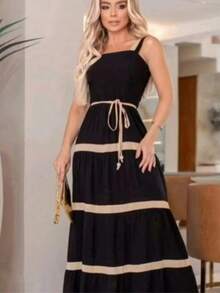 Women's Long Plain Two-Tone Dress With Casual Duna Fabric Lining H-11 - 黑色 - 查看 1