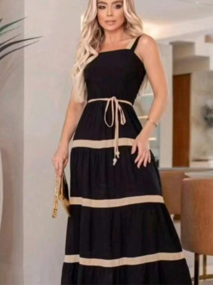 Women's Long Plain Two-Tone Dress With Casual Duna Fabric Lining H-11 - 黑色 - 查看 1