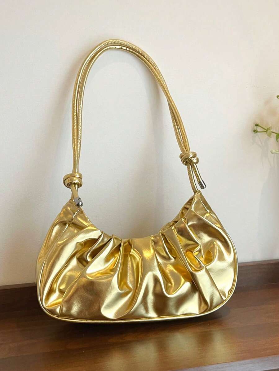 Bolso de mano de mujer de color sólido con pliegues dorados en forma de nube de estilo PU, simple y dulce. Bolso de hombro, bolso cruzado. Adecuado para compras, monedero, estudiantes, mujeres jóvenes, mujeres de oficina. Perfecto para la oficina, la universidad, el trabajo, los negocios, los desplazamientos, las actividades al aire libre, los viajes y los picnics.