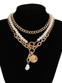 3-teiliges Set aus modischen Münz-Göttin-Anhängern, Herz-Anhänger-Kette, minimalistischer mehrlagiger Perlenchoker-Kette, geeignet für Party, Geschenk, Alltag