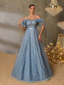 Faeriesty Elegant Off-Shoulder A-Line Evening Gown With Beaded Back-Tie Detail & Ruffled Sleeves – Sophisticated Formal Wear For Red Carpet Events, Black-Tie Galas, Wedding Guest Dresses, Formal Ceremonies, And Prom Night Attire - Teal Blue - View 3