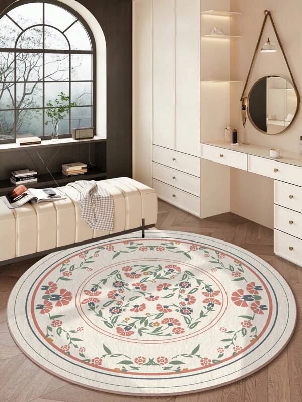 1 tappeto rotondo beige per il soggiorno con stampe di fiori, in materiale soffice e piacevole al tatto, facile da pulire, impermeabile e antimacchia, con retro antiscivolo, lavabile in lavatrice, adatto per ingresso, camera da letto, cucina, sala da pranzo, ufficio, decorazione stanza e zerbino.