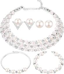 Glenmal Pearl Rhinestone Jewelry Set For Women Pearl Necklace Bracelet Earrings For Wedding Birthday Bridal Shower Tea Party - Exquisite Style - 查看 1