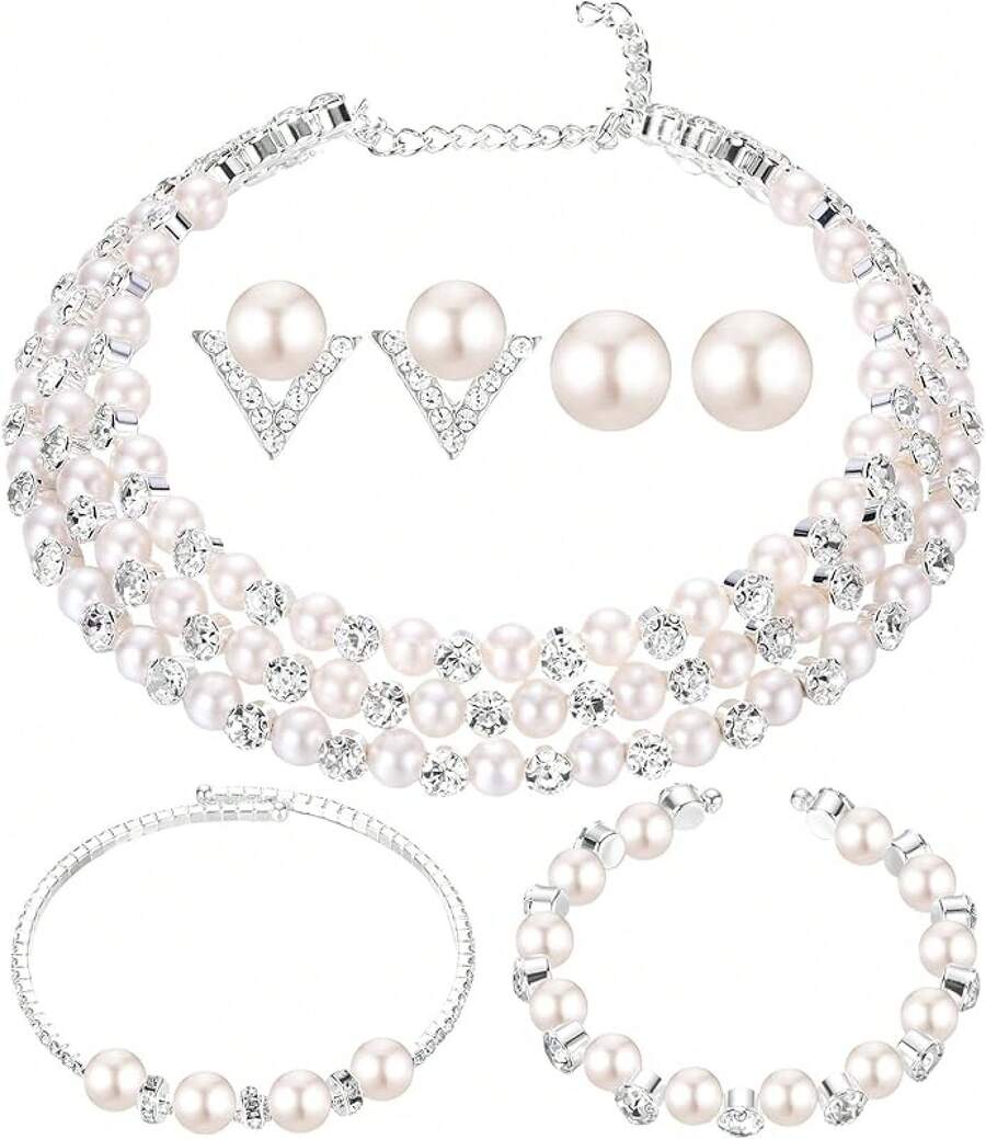 Glenmal Pearl Rhinestone Jewelry Set For Women Pearl Necklace Bracelet Earrings For Wedding Birthday Bridal Shower Tea Party - Exquisite Style - 查看 1