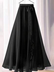 女式优雅纯色荷叶边/荷叶边系腰超长 A 字裙 - 黑色 - 查看 5