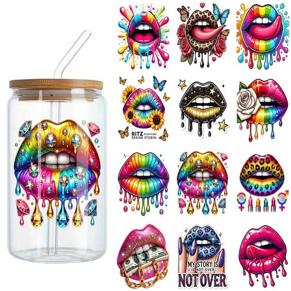 ELEWINS 12 Blatt UV DTF Becher Umschläge für 0,47 l Tassen - Farbig-Sexy-Lippen isolierte Becher Umwicklungen kratzfeste Transfers für Glas & Tassen - Leicht ablösbare UV DTF Transfers für glatte Oberflächen, Schulmaterial, Schulbeginn