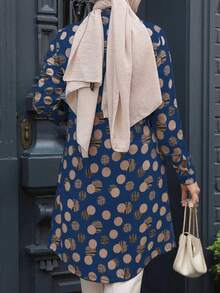 Damtopp med prickigt tryck och långärmad, enkelknäppt i arabisk stil - Blå - Visa 3