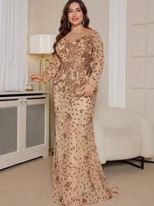 hezixi Plus Size Women's Spring/Summer Elastic Sequin , Very Comfortable To Wear, Suitable For Different Body Wear, With A Perspective Round Neck Long Sleeved Slim Fit Fishtail Hem Prom Dress,Suitable For Various Parties, Graduations, Weddings, Events - Champagne - View 4