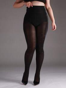 1件装女士加大码爱心印花透明亮面紧身连裤袜，时尚性感夜店风丝袜，可搭配连衣裙，圣诞礼物 - 黑色 - 查看 5