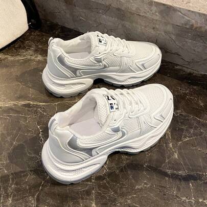 Women's Platform Sneakers, Casual Lace-Up Lightweight Breathable Mesh Athletic Shoes For Spring & Autumn, Slimming, Anti-Slip