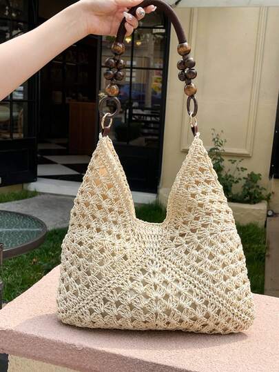 大容量便携女士编织草编单肩包，中号手提包，适合海滩度假、青少年、女性、大学生，也适合上学、大学、户外活动、旅行、野餐、购物、度假等场合，是夏季必备单品，是度假和假日的理想之选，便携大容量