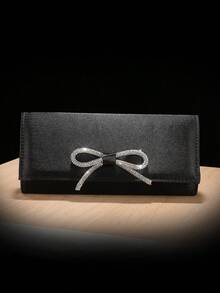 1pc Satin Material Fashion Rhinestone Bow Decor Shoulder Clutch Bag, Elegant Evening Bag; 1pc Satin Material Satin Evening Bag - Black - View 4