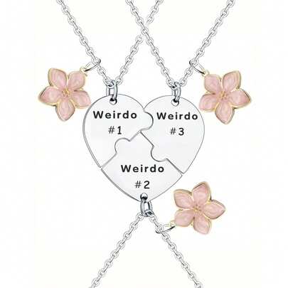 suteyi Bff 3 项链，Weirdo 1 Weirdo 2 Weirdo 3 心形吊坠不锈钢花朵友谊项链，适合女孩闺蜜姐妹永久珠宝礼物