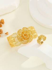 2pcs Vintage Elegant 18K Gold Plated Hollow Floral Women Bracelet Rings Jewelry Set, Suitable For Daily, Festival Wear, Party Or Wedding Gift
