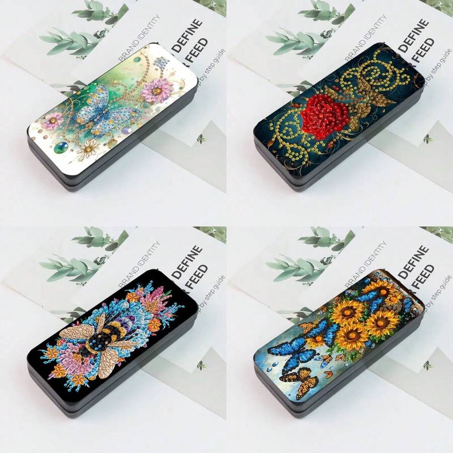 1 bộ hộp đựng kính mắt đính kim cương 5D tự làm, họa tiết bướm, hoa hồng, ong, hoa hướng dương và bướm óng ánh trên da PU thủ công, kim cương hình bất đối xứng, hộp đựng kính mắt du lịch, kèm dụng cụ và phụ kiện