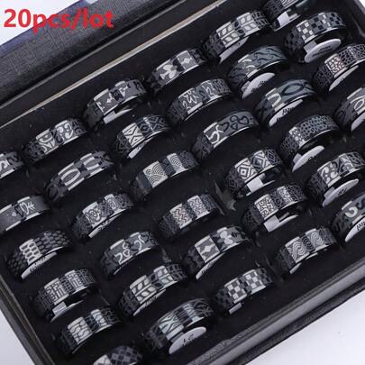 Local Delivery-Pack Of 20 | Three-Color | Versatile Men's Casual Daily Jewelry | Party Decoration Gift [Retro Fashion] Stainless Steel Engraved Rings