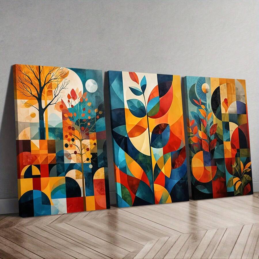 Three Vibrant Geometric Floral Abstract Canvas Art Pieces - Optional Frames, Spray Paint, Horizontal Wall Decorations Suitable For Living Rooms, Bedrooms, And Offices - Colorful Medieval Design, Office Art | Medieval Modern Decor - Multicolor - View 1