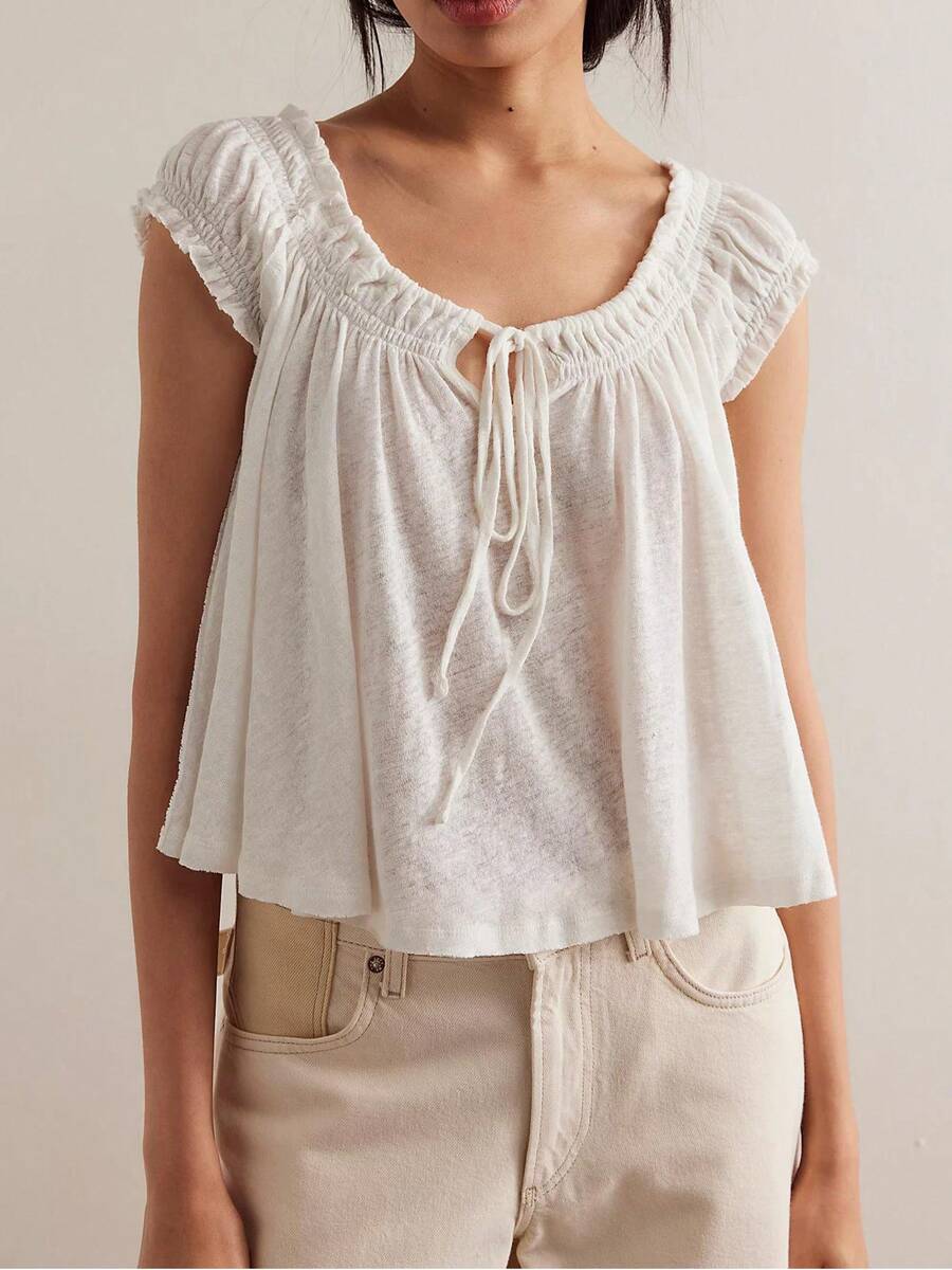 Plus Size Women Summer Tie Front Tank Tops Sheer Cap Sleeve Pleated Babydoll Tops See Through Casual Loose Fit Going Out Flowy Shirt - 白色 - 查看 1