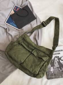 Oversized Washed Canvas Messenger Bags, Casual Shoulder Bags For Men, Minimal & Artistic Vibe, Large Capacity Canvas Flap Satchel Bags For Students, Solid Color