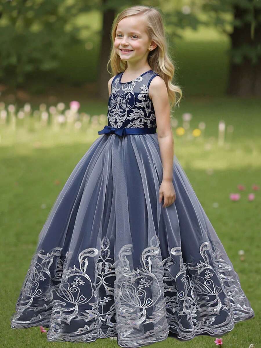 青少年女孩高端刺绣亮片无袖花童婚纱，蓬松生日婚礼派对公主礼服 - 藏蓝色 - 查看 1