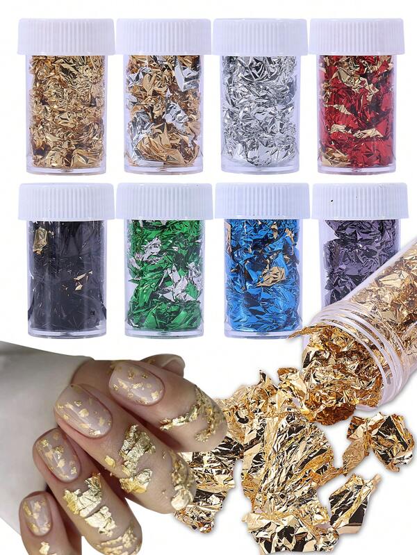 8 Bottles Nail Art Gold Foils Flakes Imitation Gold Foil Metallic Leaf Flakes Gold Silver Green Blue Purple Nail Art Decoration Accessories Sparkly Ultra-Thin Aluminum Sequins For Acrylic DIY Supplies