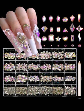 1 boîte Strass plats irisés AB pour ongles, pierres précieuses 3D pour ongles, décorations DIY - 24 grilles dans une boîte de rangement, charms pailletés en gelée pour Nail Art