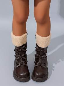 5-18 Years Old Girls' Fashion British Style Vintage Mid-Calf Boots, Thermal Lined V-Neck Warm Winter Boot With Cute Bow, Versatile & Soft, Rubber Sole Outdoor Anti-Slip Wear-Resistant Children Long Tube Boot, 2025 New Brown Matte High Tube Boots