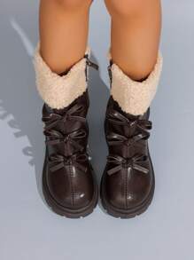 5-18 Years Old Girls' Fashion British Style Vintage Mid-Calf Boots, Thermal Lined V-Neck Warm Winter Boot With Cute Bow, Versatile & Soft, Rubber Sole Outdoor Anti-Slip Wear-Resistant Children Long Tube Boot, 2025 New Brown Matte High Tube Boots